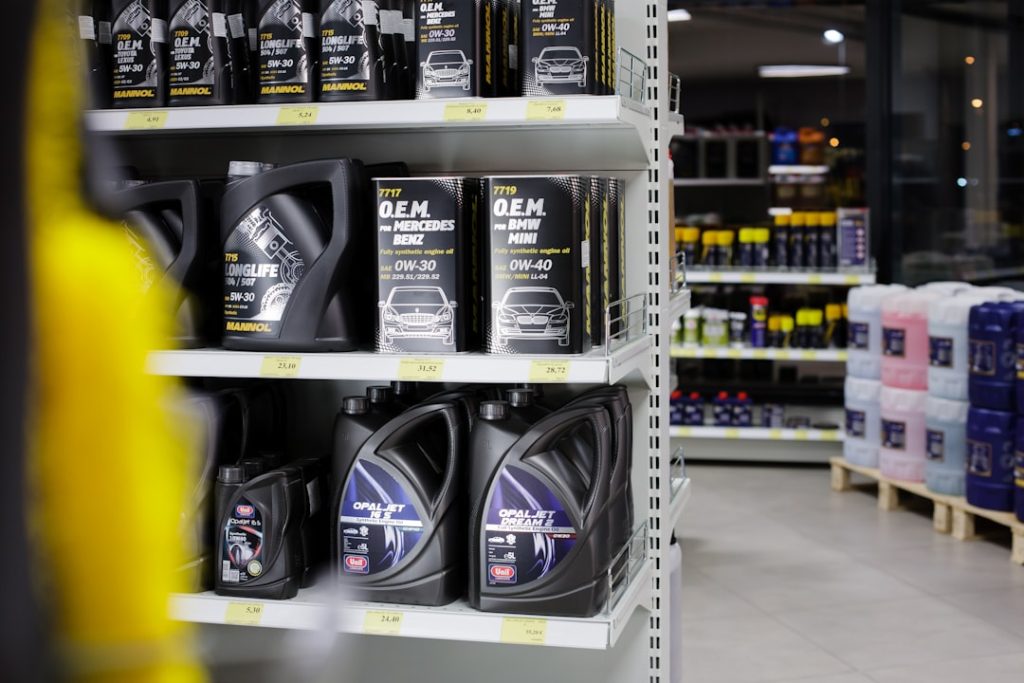 Automotive shop interior. Motor oil product shelf. Good for illustration in automotive editorials and blogs.